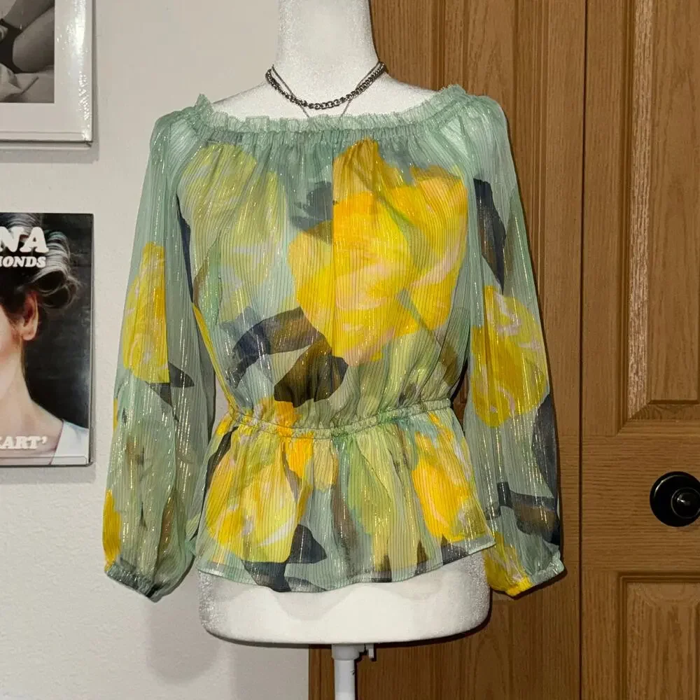 White Houses Black Market Off Shoulder Blouse Size XS Boho Fairy Yellow Teal - Picture 2 of 10